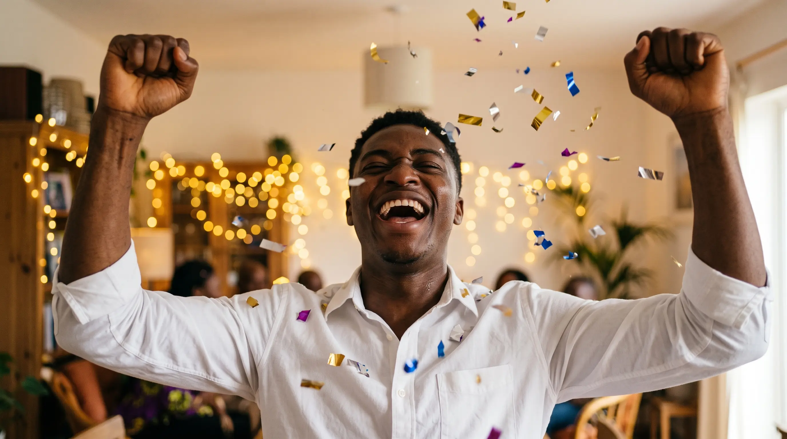 A man throwing both fists up, laughing, confetti falling around him