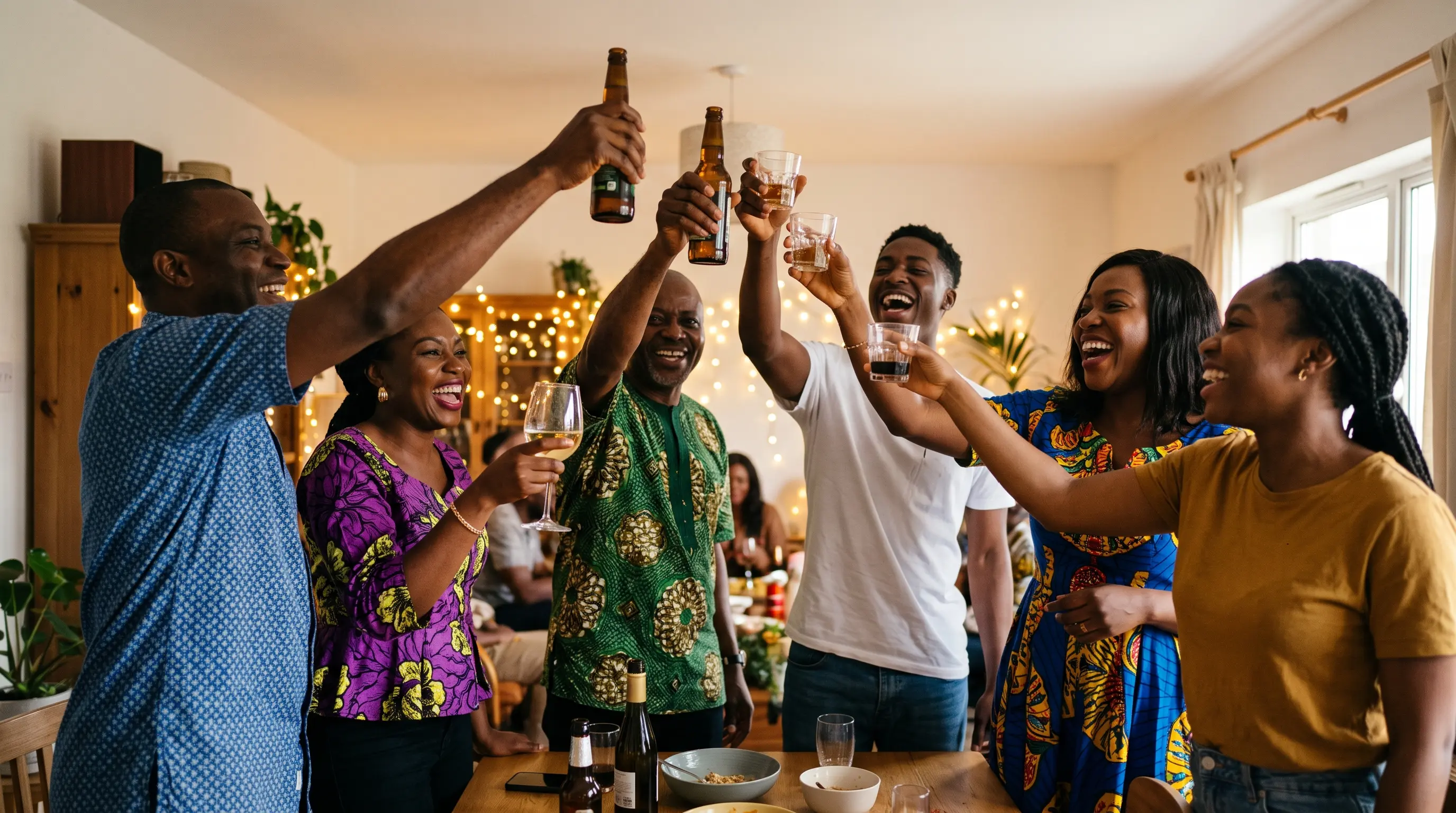 Six friends raising their glasses in a toast around a table